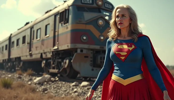 Disaster scene ;  a huge crashed and wrecked train close to and glued to Supergirls back in the 1980s;  wrecked train and Supergirl 1980s indestructible. Supergirl 1980s in focus (((  60 years old ; huge breasts;  brown-haired , with some white hairs))).