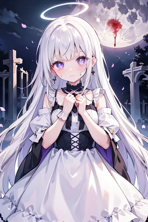  A ghost girl , translucent skin ,  looking at the viewer ,  mouth shut, violet eyes, Tears, halo,  long hair ,  white hair, Earrings, crying, flower-shaped pupils,  in the background of a dark cemetery, full moon, ((blood)) dirty dress, ((torn clothes) Hi...