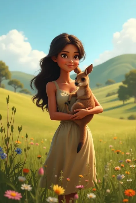 Ultra realistic image of an Australian woman with a baby kangaroo in a field 