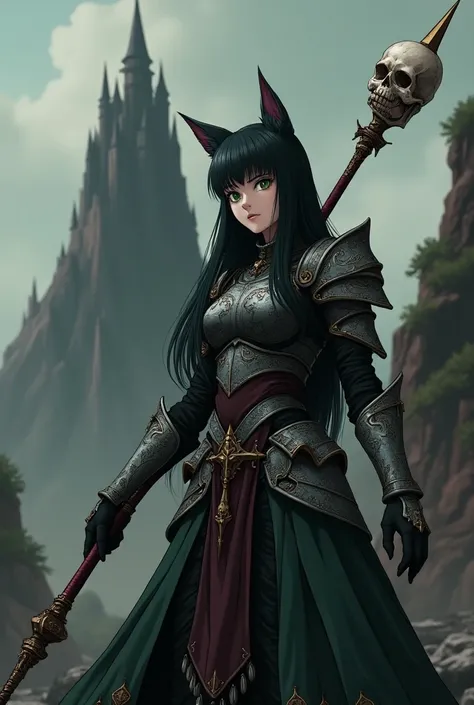 A 25 year old woman, long straight black hair, green eyes,  wolf ears ,  queen wears armor ,  with a spear in her hand in the shape of a skull, animated, medieval, Fate Stay Night style .  in the background a volcanic castle 