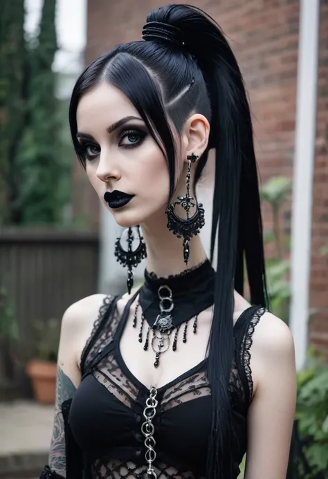 A (slim) goth girl, big sagging breasts, ((long fringe ponytail hairstyle)), piercings, intricate goth outfit, deep cleveage 