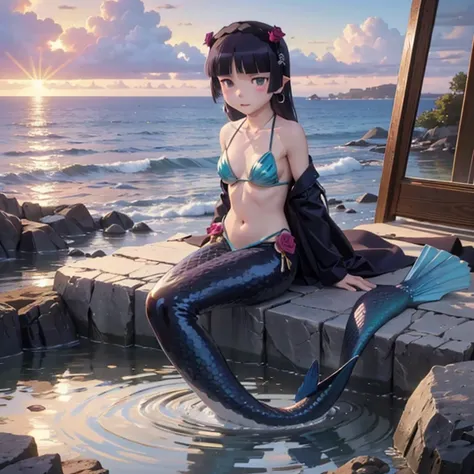 ((Ruri Australian baseball)),  1 girl, ,  Black Hair , mole, mole under eye, (shell), scale, Tail fin,  fairy , Water Spirit, Ocean生物, Sea surface, sunset, orange, ( Little Mermaid ), ( Fin Headband ),  Mermaid Earrings, seashell bikini,  Seated Mermaid , ...