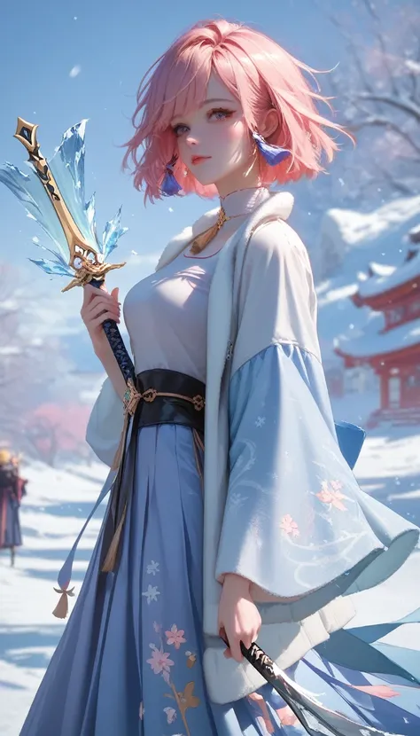 Extreme details, flawless, aerial view, like a work of art, anime girl holding ice and snow sword, pink hair and purple long skirt complement each other, gazing at the distant Ayaka Genshin, leading us into the world of Genshin.