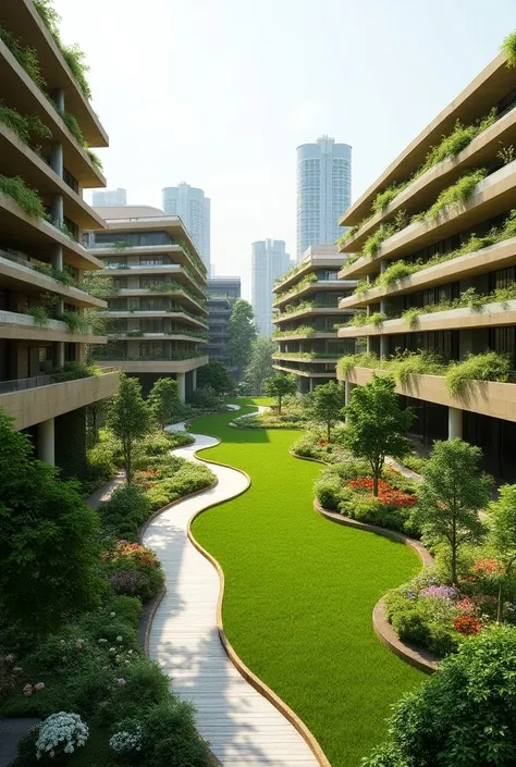 Urban vertical farming in medium-sized structures made of natural materials, modern simplistic external style, the farming buildings are surrounding a very wide  and open space, this open green space is for a walking park with flowers, volumetric lighting,...