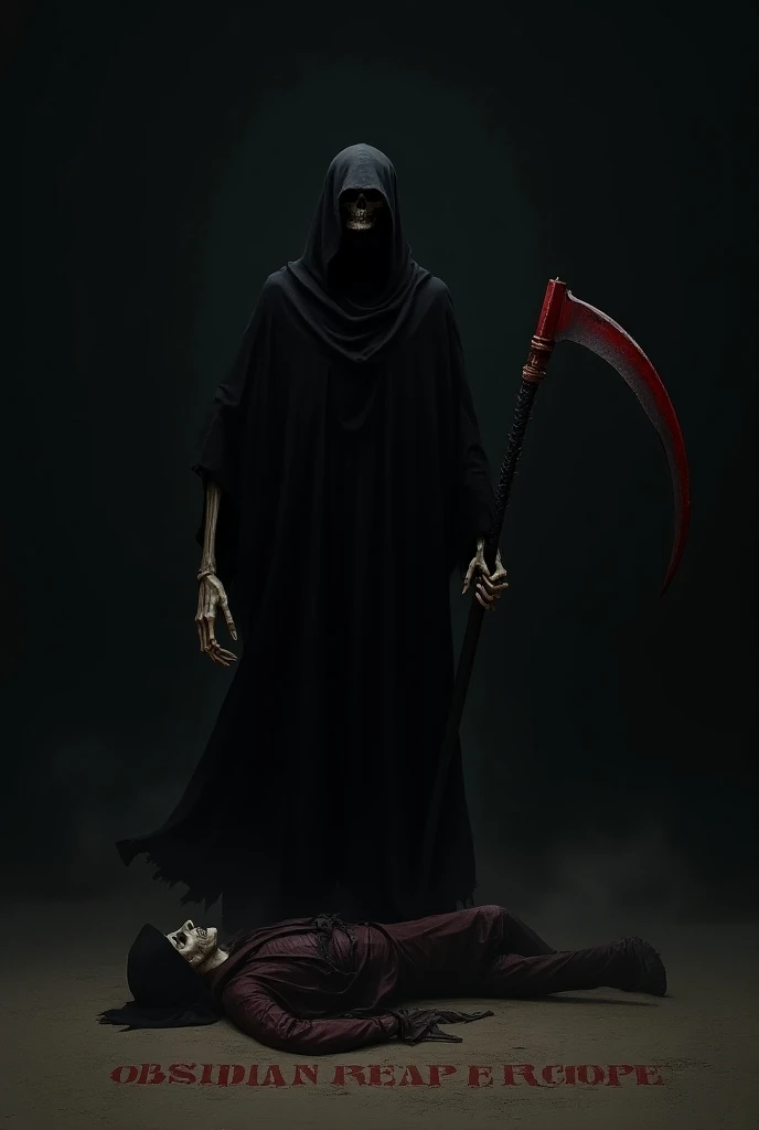 A black background with a Reaper in distance standing on a dead soldier while holding a red tip scythe with the words underneath him saying "Obsidian Reaper Corps"