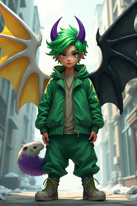  boy with 6 wings whose wings are white, yellow,  purple and black, each wing in a different color a wing like an angel and the other type of an anime-style demon with a modern hip hop green outfit with a snow leopard tail and ears with 4 eyes with claw ma...