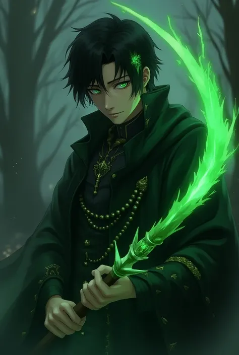  A male anime character with a closed face, black hair, green eyes, a black cloak and green jewelry, And a green sickle shining in the hand 