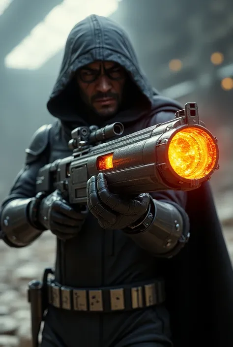 An highly advanced android bounty hunter holding against his shoulder A plasma shotgun with lava oozing from the barrel. Ther shotgun is technologically advanced and futuristic. It is mounted on the side of a statship. Focus on the plasma shotgun and the g...