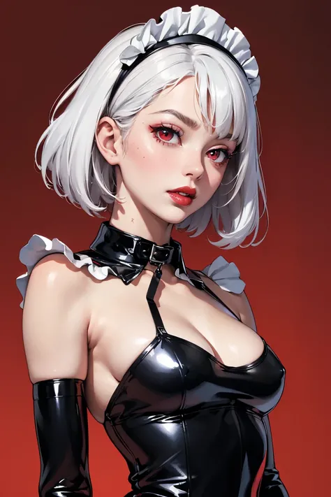 (best lighting) (best quality, masterpiece:1.2), (absurdres), portrait, alluring, ethereal, flirtatious, woman, ((very short, messy, cropped, boyish, white hair), ((red eyes)), (detailed eyes), ((glossy, shiny, red lipstick)), full lips, ((black latex maid...