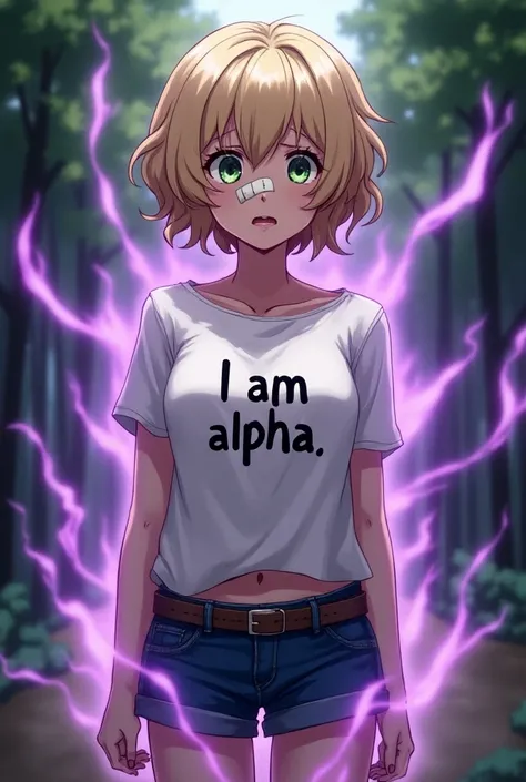 Generate mature anime-style image ,  of a girl with short hair  ,  blonde and curly  ,  green eyes and bandage on her nose  ,  loose white shirt with the name written  "I AM ALPHA " , shorts jeans com cinto .  With a wide-eyed and frightened expression .  ...