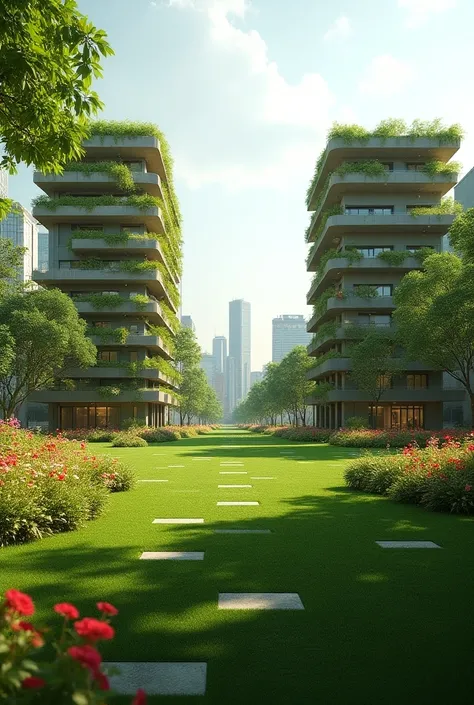 Urban vertical farming in two medium-sized structures made of natural materials, modern simplistic external style, the two farming buildings are surrounding a very wide  and open space, this open green space is for a charming public park with flowers, volu...