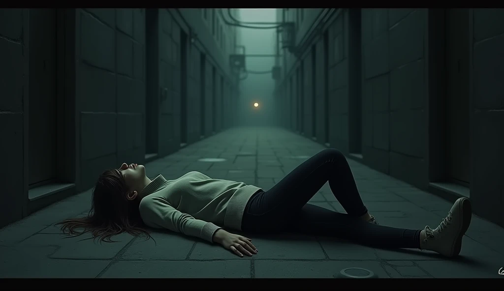 концепт art, art,  a narrow dark alley with a barely lit street, the frame shows only a murdered lying girl in a sweater and pants,  of the hair and the hand cover the face, with the back, the top 
