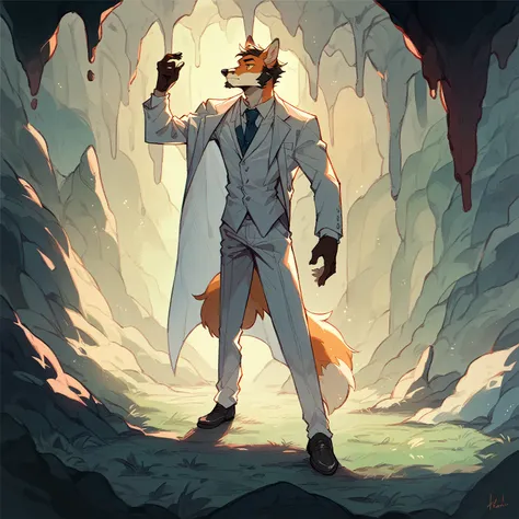 A fox cave, with short beard, white suit, Pompadour hairstyle standing at night in low lighting.