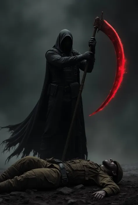 A black military background with a Reaper in distance standing on a dead soldier while holding a red tip scythe with the words underneath him saying "Obsidian Reaper Corps"