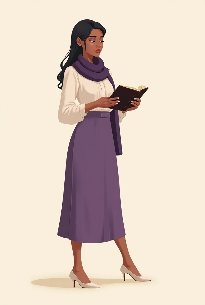  A Latin woman without clothes  ,  standing reading the Bible wearing a purple scarf , white blouse ,  purple skirt and white heels  , illustrasion  , not realistic 