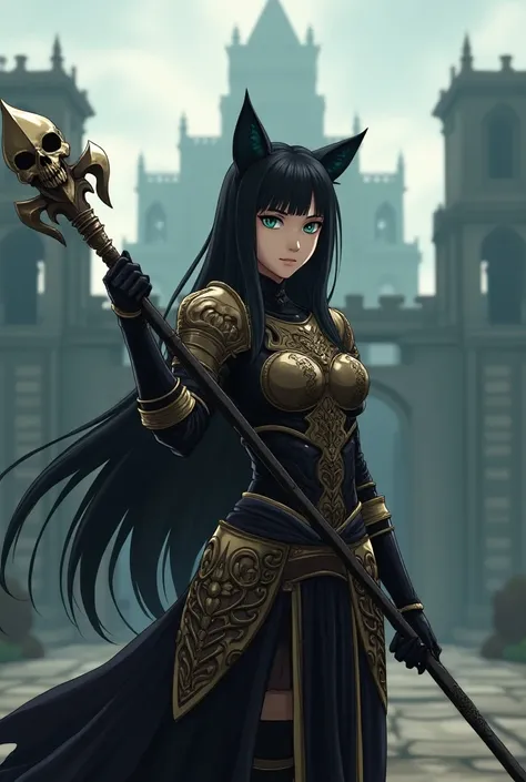 A 25 year old woman, long straight black hair, green eyes,  wolf ears ,  queen wears armor ,  with a spear in her hand in the shape of a skull, animated, medieval, Fate Stay Night style . in the background a castle