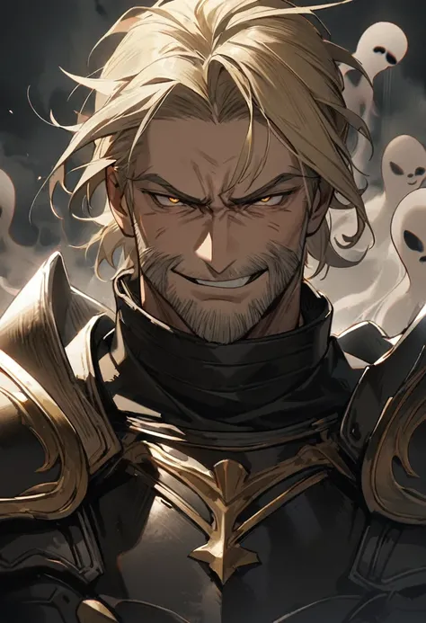 1 human male, Solo, High Resolution, long cowlick style hair, blond salt and pepper greying Hair, Best Quality, Masterpiece, evil, smirk, Award Winning, man in his 40s, wearing Black heavy armor with golden trim, short beard, dycedarg from final fantasy ta...