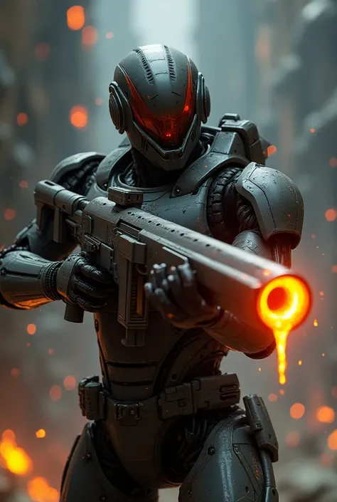 A highly advanced android robot holding against his shoulder A plasma shotgun with lava oozing from the barrel. Ther shotgun is technologically advanced and futuristic. It is mounted on the side of a statship. Focus on the plasma shotgun and the glow along...