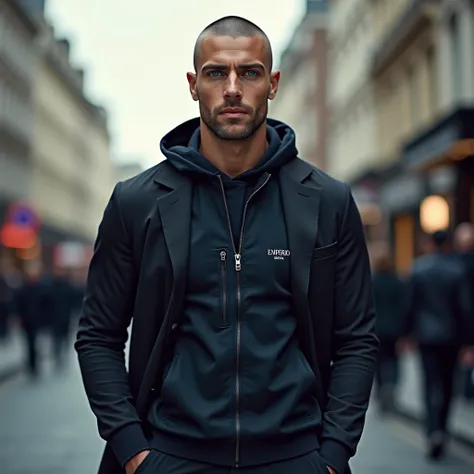 man, half-shaved , blue eyes,  athletic body walking with an Emporio Armani outfit on the streets of London for an advertising campaign.