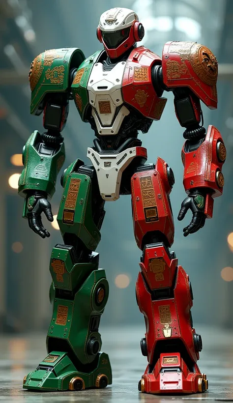 A powerful robot in green, white, and red, representing Mexico’s flag. It features Aztec patterns and Mayan glyphs as part of its design.