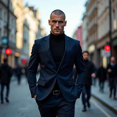 man, half-shaved , blue eyes,  athletic body walking with an Emporio Armani outfit on the streets of London for an advertising campaign.