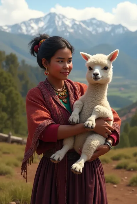 Photorealistic image of a Peruvian woman with a baby lama 