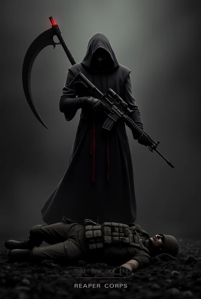 A black military background with a Reaper in distance standing on a dead soldier while holding an AR-15 with a scope with a red tip scythe on his back with the words underneath him saying "Obsidian Reaper Corps"