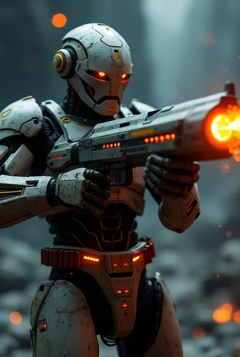 A highly advanced android robot holding against his shoulder A plasma shotgun with lava oozing from the barrel. Ther shotgun is technologically advanced and futuristic. It is mounted on the side of a statship. Focus on the plasma shotgun and the glow along...