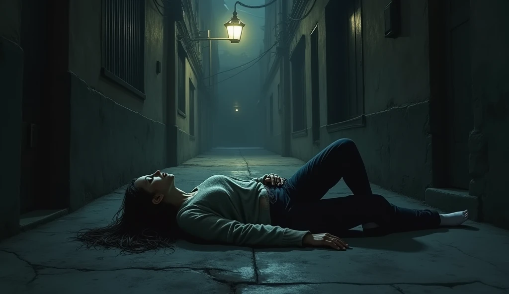 концепт art, art, a narrow dark alley with a barely lit lantern ,  only a dead girl in a sweater and pants is visible in the frame, face covered with hair ,  hand holds a wound on her stomach 
