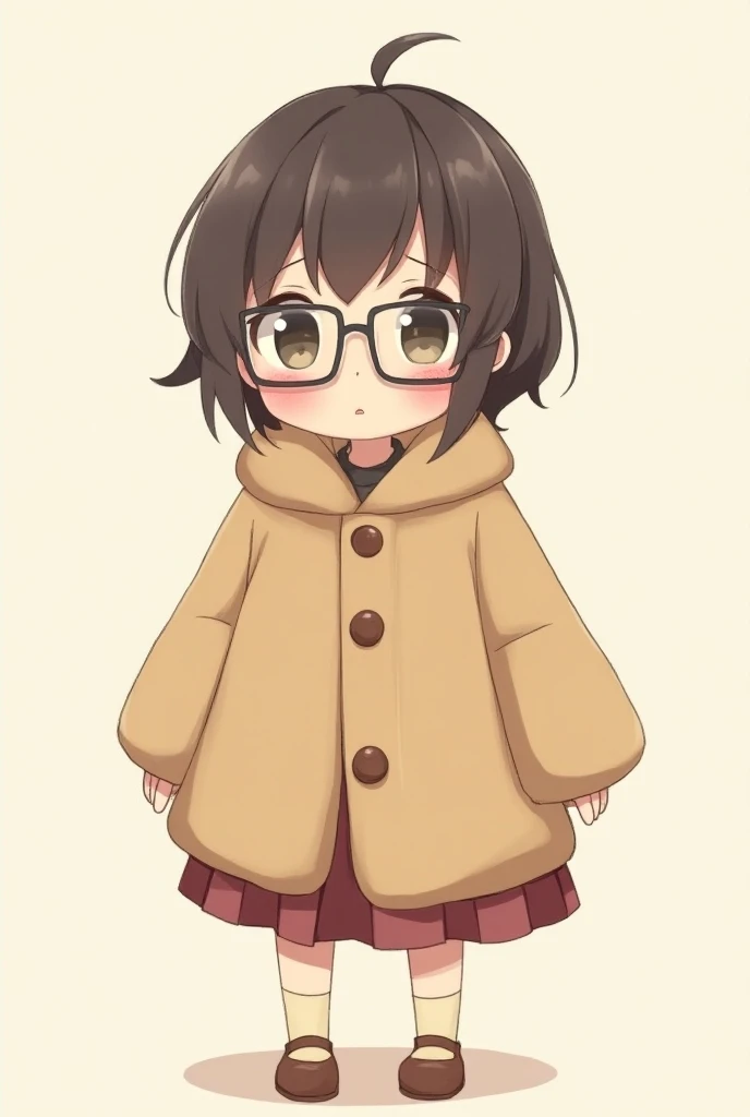  short girl anime cartoon, chubby,  wearing a wide coat and skirt , short hair and wears glasses , shy, manga style