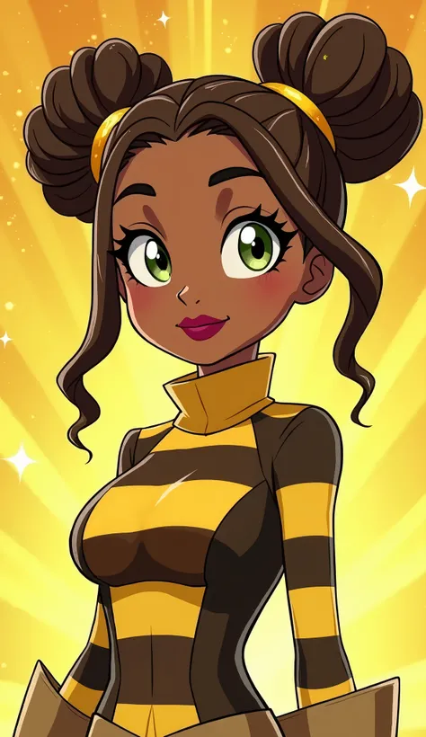 (Close up), (Close up from top of head to bottom of thigh) ((Karen from DC Super Hero Girls 2019)), Karen is a short, skinny, light brown-skinned teenage black girl with sage-green eyes, maroon-brown lips and long, curly, dark brown hair with honey-blonde ...