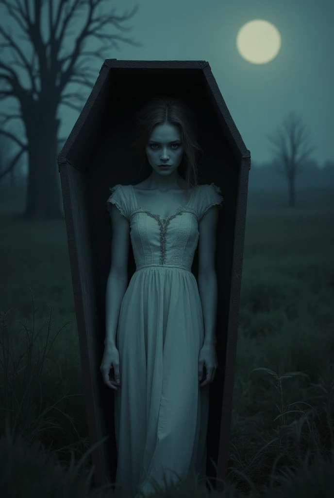 Of course,  a young woman with a pale and ethereal appearance , emerge from her coffin ,  Your eyes open and empty .  She is dressed in a simple white dress .,  but now dirty and wrinkled .  Your skin has a ghostly tone ,   and her movements are slow and s...