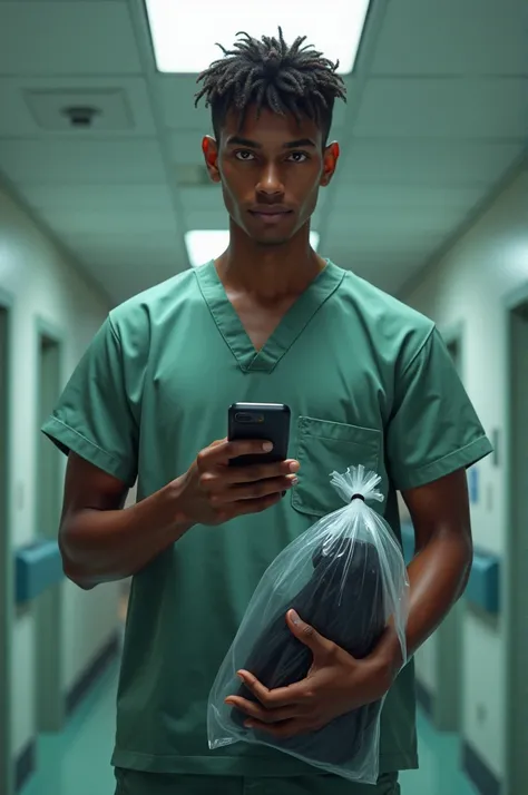  A brown young man  ( 20 years old at least ) dark-skinned (not so dark )  dark brown eyes ,  holding his cell phone with a face would be while holding a bag with a black diver inside his legs ( who is inside a hospital ) in 2nd person 