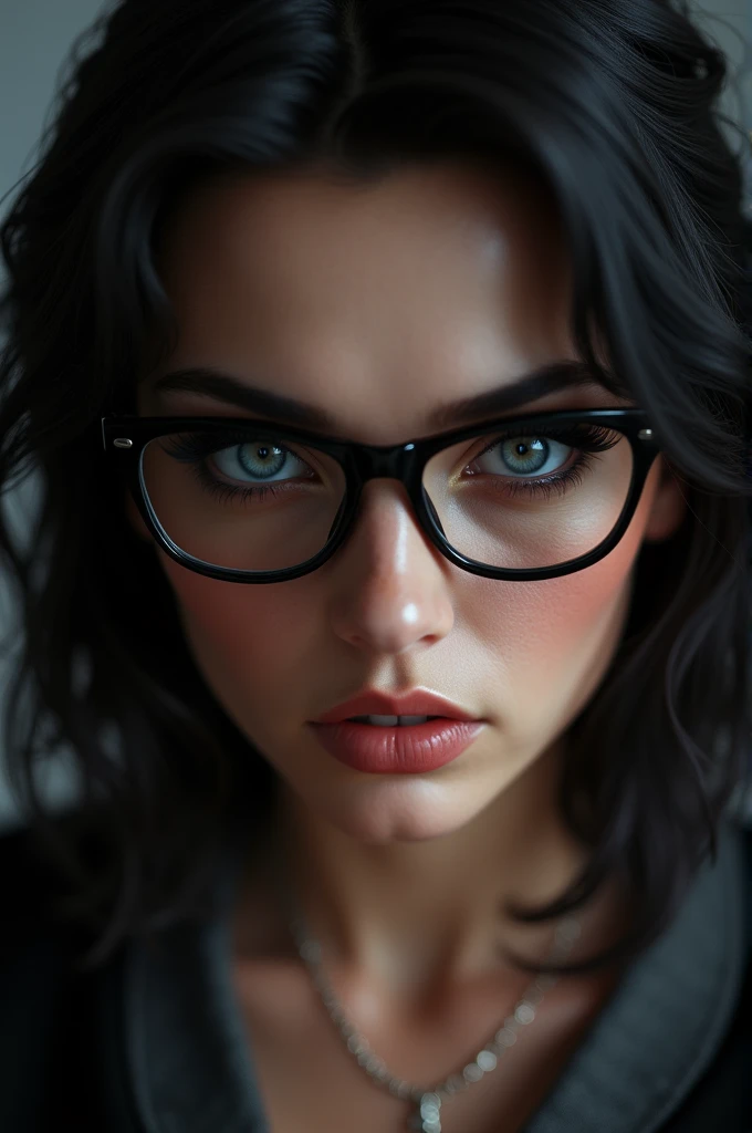  super realistic Make me a woman with blue eyes who has glasses and black hair I want her close to her lips with a provocative look at the spectator. Make the image  