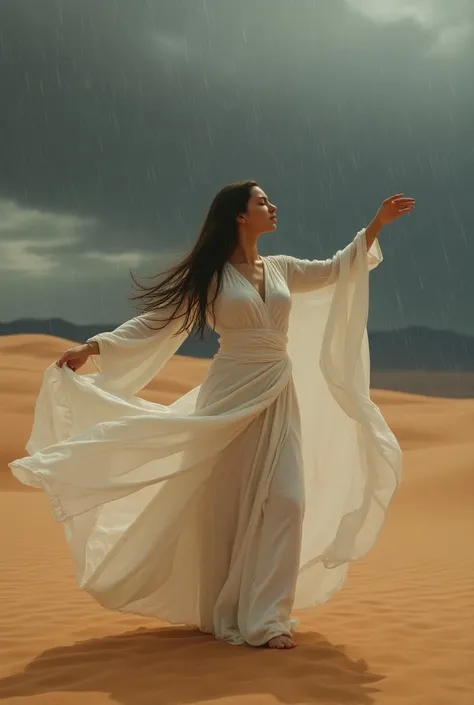 A girl dancing on a dessert during rain like a sufi