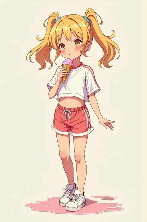 "Cute anime girl, short stature, dozing
expression, golden ponytail, crop top
sportswear, buruma, white sneakers,
enjoying melting ice cream. Japanese
animation style, vibrant colors, slight motion
blur for dynamic feel."