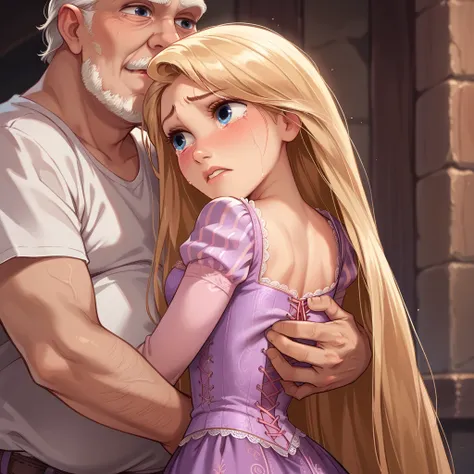 1girl ,rapunzel, beautiful, blue eyes, red dress, crying, old man embraces her from behind, groping, grabbing