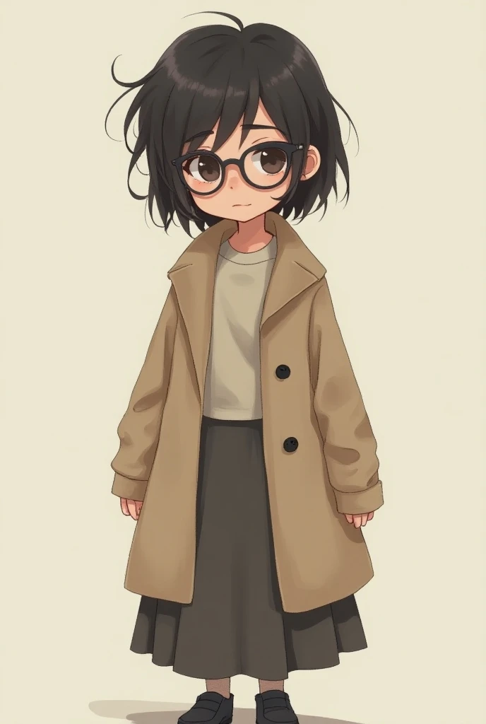 Short teenage girl, chubby,  wearing a wide coat and skirt , short hair and wears glasses , shy