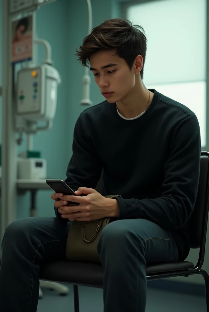 A brown boy  (18 years old at least )  dark brown eyes ,  holding his cell phone with his face would be while holding a bag on his legs with a black sweater inside ( who is inside a hospital ) in 2nd person  ( sitting on a chair) 