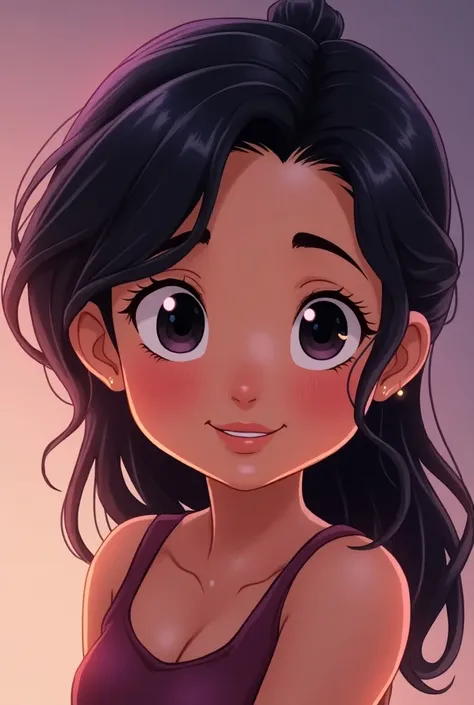   Young girl with Asian features, big eyes, small wide nostril  ,   Black and purple hair  ,  black eyes , smiling,  Disney drawing style 