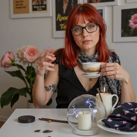 Ultra realistic. A woman with red hair and glasses is sitting at the table. The woman has a half scarf in her hair. The womans age is in her 30s, there are candles and incense on the table. There is a round glass globe on the table in front of the woman. I...