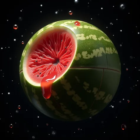 “IMG_2384.CR2: A hyperdetailed, photorealistic macro image of a watermelon shaped like the Death Star from Star Wars, floating in the darkness of space. A large wedge is cut out, revealing the bright red, juicy interior of the fruit, with seeds arranged li...