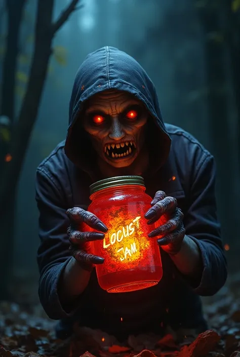 Halloween with a horror character clutching a jar of jam and its label says locust jam that has bright colors