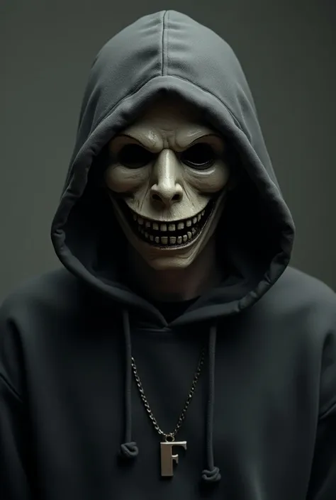 YOUNG MAN WEARING A TERRIFYING MASK WITH A SMILE HOODED WITH A LEAD-COLORED SWEATSHIRT AND A CHAIN WITH THE LETTER F 