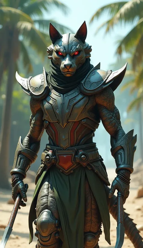 Imagine an ultra-realistic humanoid Colocolo Cat hybrid with the character Kabal from Mortal Kombat, walking through the forests of Cuba .  He is equipped with technological combat armor .  He wears a metallic mask with gray and gold details that covers hi...