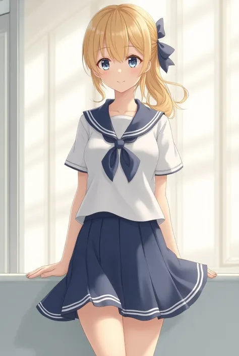 A girl of about。beautiful。clear。Sailor suit。Full body image。Character portrait。smile。Blonde。Blue Eyes。Big Breasts。 ponytail。 long hair。ribbon。