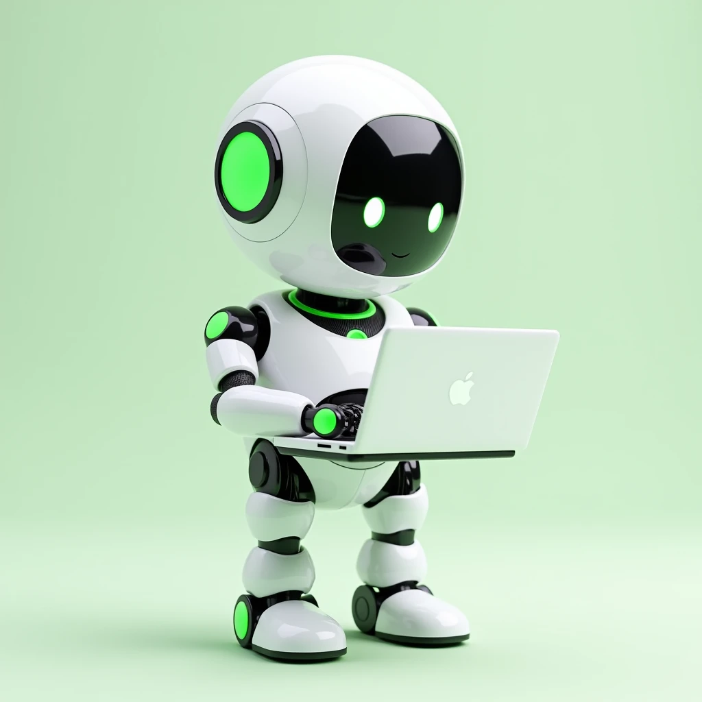 A full-body image of a like, modern white robot with green (#00bc00) and black details, holding or using a laptop, and looking straight ahead. The robot has a cute, friendly, and playful design with smooth, rounded features and a smaller, more like appeara...