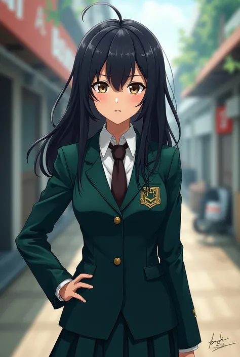 style: boku no hero academia, Girl with black hair and white locks straight light brown eyes and uniform from the U.a