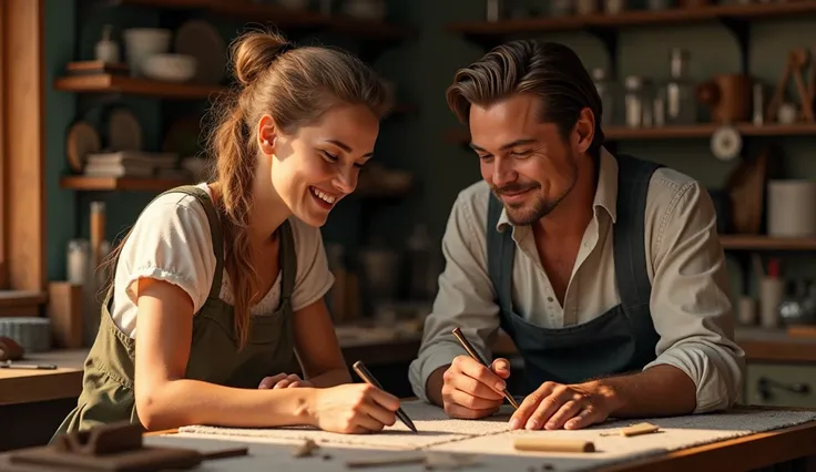 JACK AND ROSE OF THE TITANIC MOVIE MEANS KATE WINSLET AND LIV DICAPRIO ARE MAKING FAMOUS CRAFTS IN A BEAUTIFUL CARPENTRY WORKSHOP OR HAPPILY EMBROIDERY