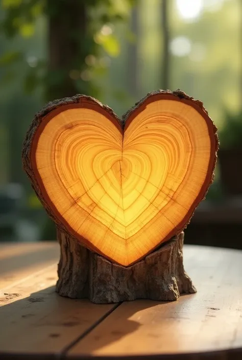 Real photography, a heart-shaped wood stake ornament after cutting, the main body is a large tree slice showing a cross section, the bark is rich in texture, and the color gradually transitions from light brown to dark brown, which looks very natural and t...